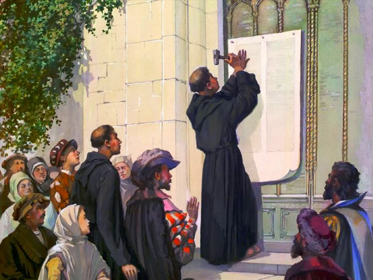 Martin Luther nailing his 95 Theses on the door of the Church - the Reformation begins
